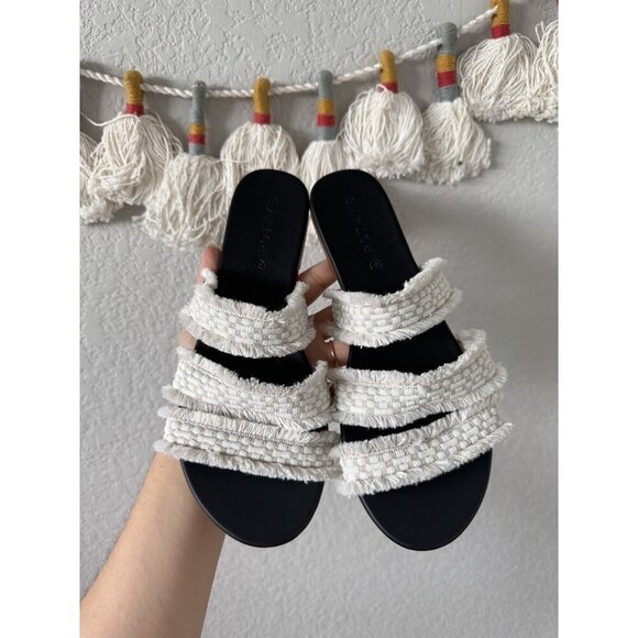 Rothy's Triple Band Fringe Slide Sandals Seashell Beachy Comfort Vacation 8 - Picture 1 of 6